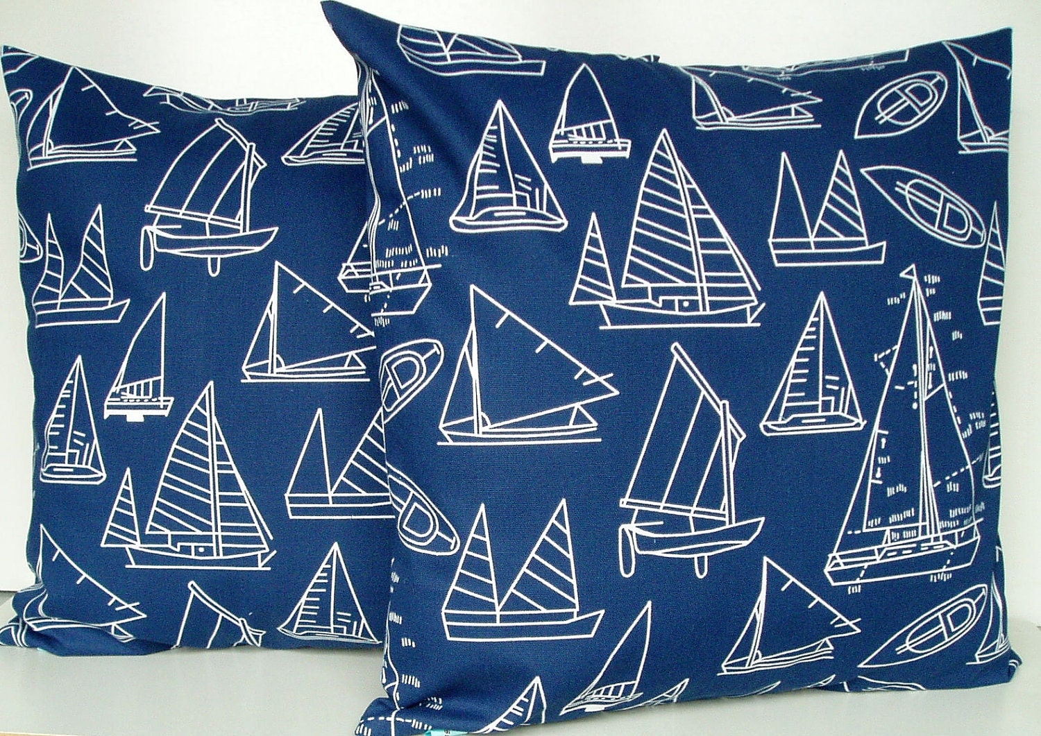Pillow Covers Navy Blue Sailboats Nautical 16x16 Throw Accent Decorative Set of 2 Cotton Ocean Beach Sea Home Decor 16 inch