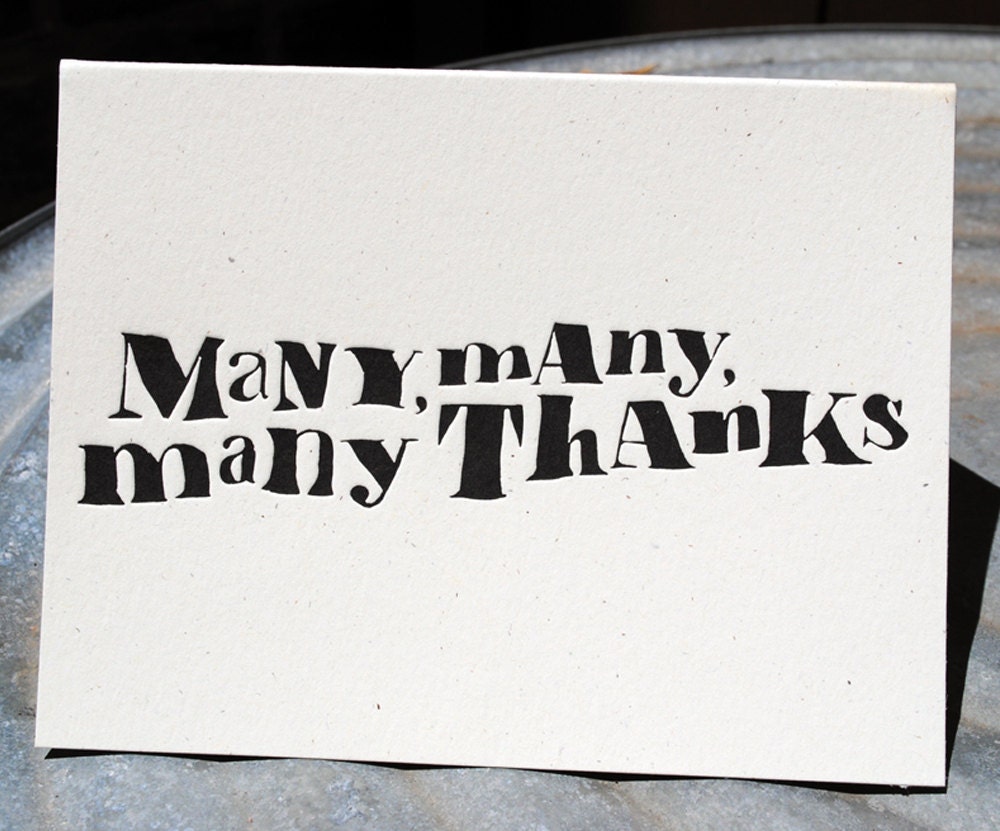 many, many, many, thanks. letterpress printed card.