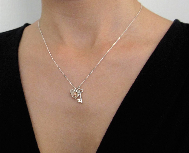 CHERISH silver key to my heart necklace, heart and key charm necklace