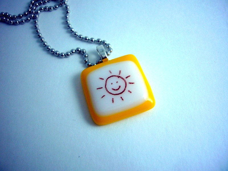 sunshine smiley face glass fused necklace handmade