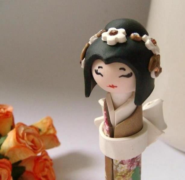Miniature  Japanese Doll , Be My Princess,  in Gold and White , Polymer clay Handmade Homedecor
