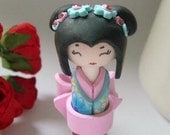 Miniature Doll, in  Shabby chic Light Blue and Pink, Handmade Collectible Sculpture kokeshi Doll