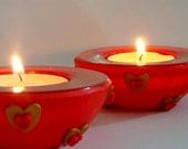Red  and Gold  Candle Holders, Heart and Swarovski rhinestones,  Handmade home decor