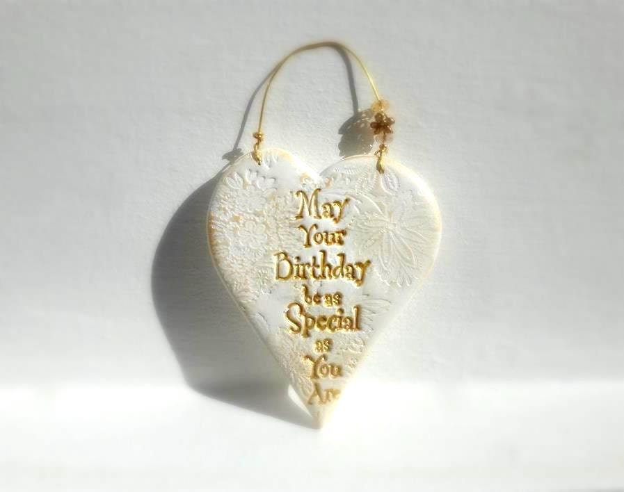 Happy Birthday Lace Texture  Heart Wall Hanging , Heart Ornament,  Shabby Chic  Golden Ivory