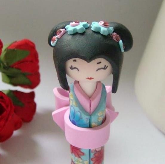 Miniature Doll, in  Shabby chic Light Blue and Pink, Handmade Collectible Sculpture kokeshi Doll