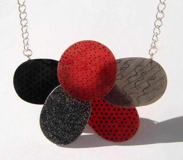 Wearable Art Necklace Oval and Round Beads in Red Gray Black and Silver Unique Handmade Jewelry