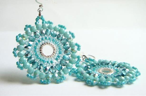 Turquoise and Teal Blue Mandala Earrings, Beadwork Earrings,Aqua Blue Crystal Earrings