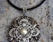 Pearl and Vintage Filigree Necklace on Black Cord