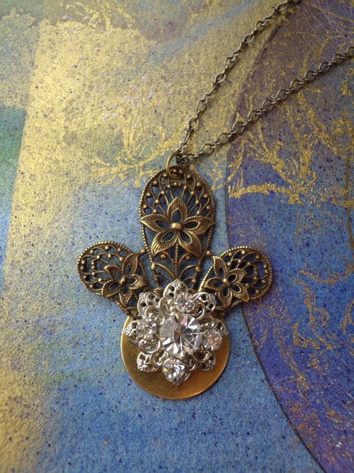 Art Deco Style Rhinestone Floral Pendant