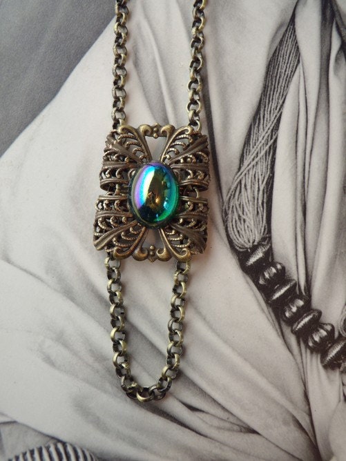 Eyeglass Necklace with Blue Green Vintage Glass Setting