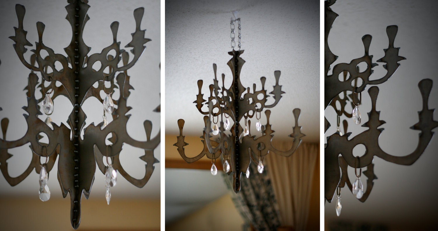 Steel Chandelier with Vintage Chandelier Crystals