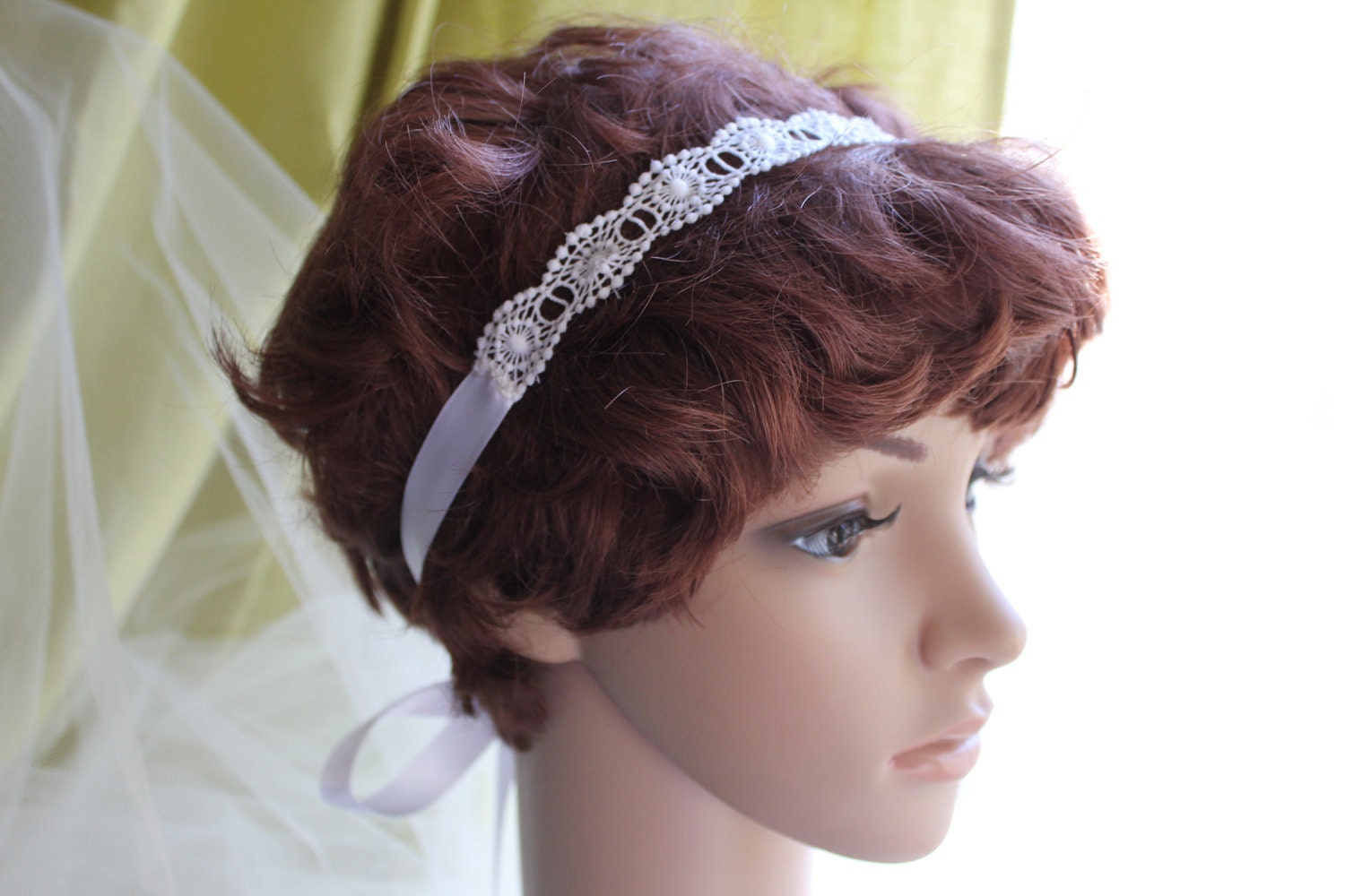 Vintage applique and ribbon tied bridal headband in Ivory
