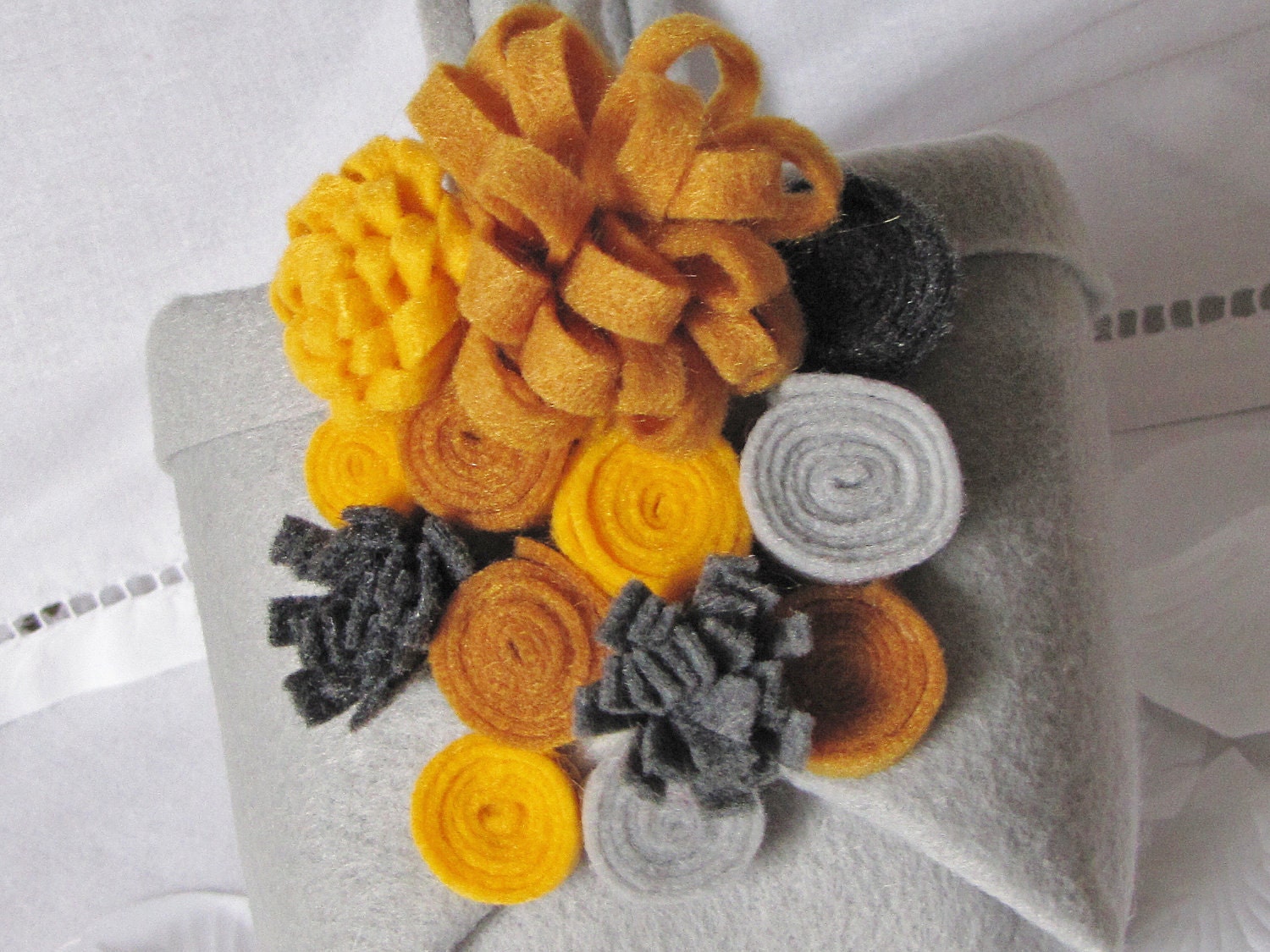 Choose your colors - rolled rose and mum flower girl basket, grey base, felt