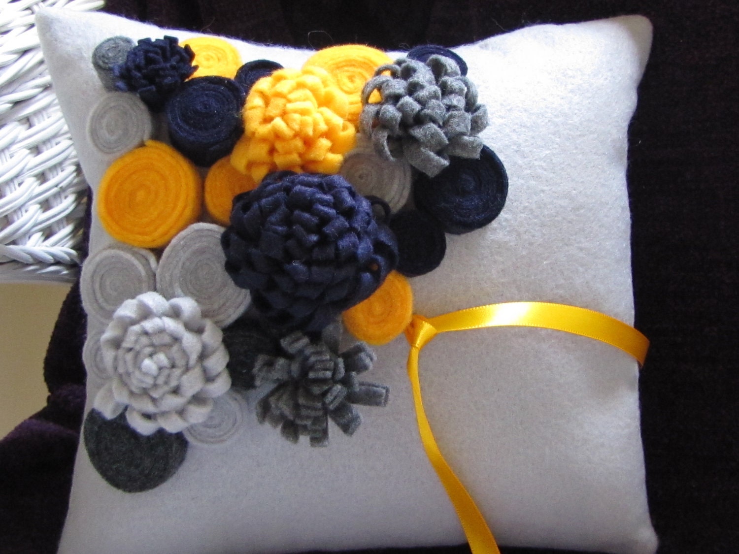 Wedding - rolled rose and mum ring pillow, grey base, choose your flower colors, felt