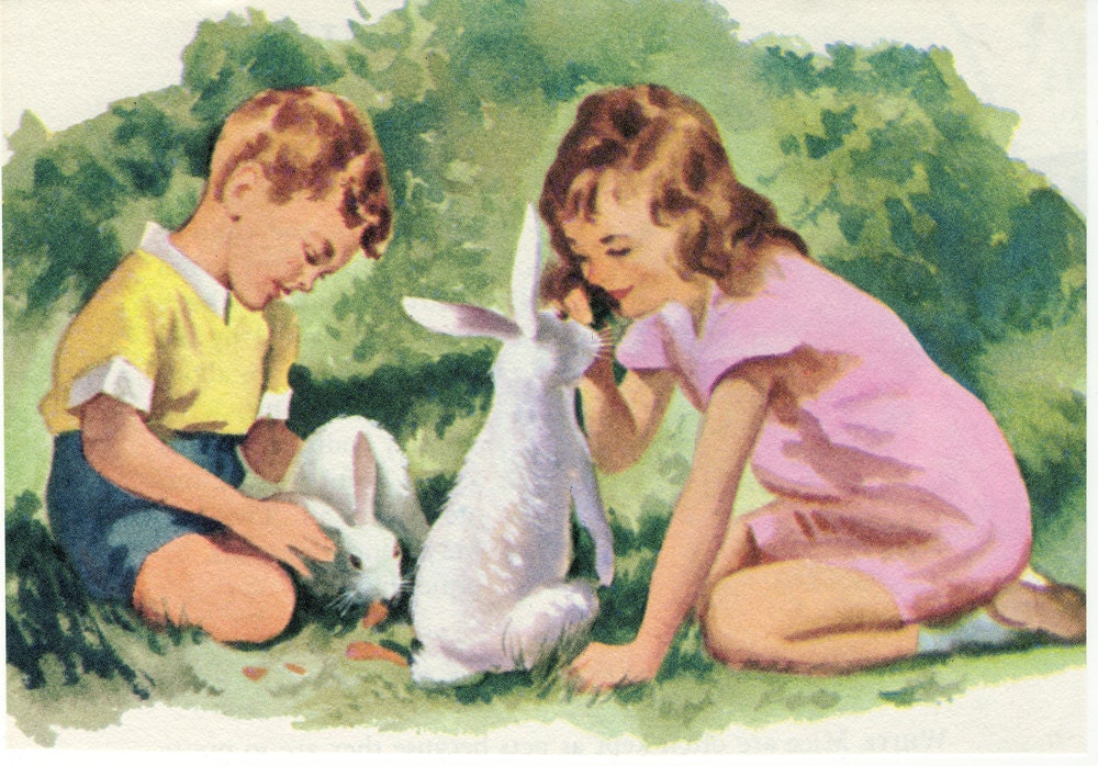 Vintage Illustration - Children with Bunnies
