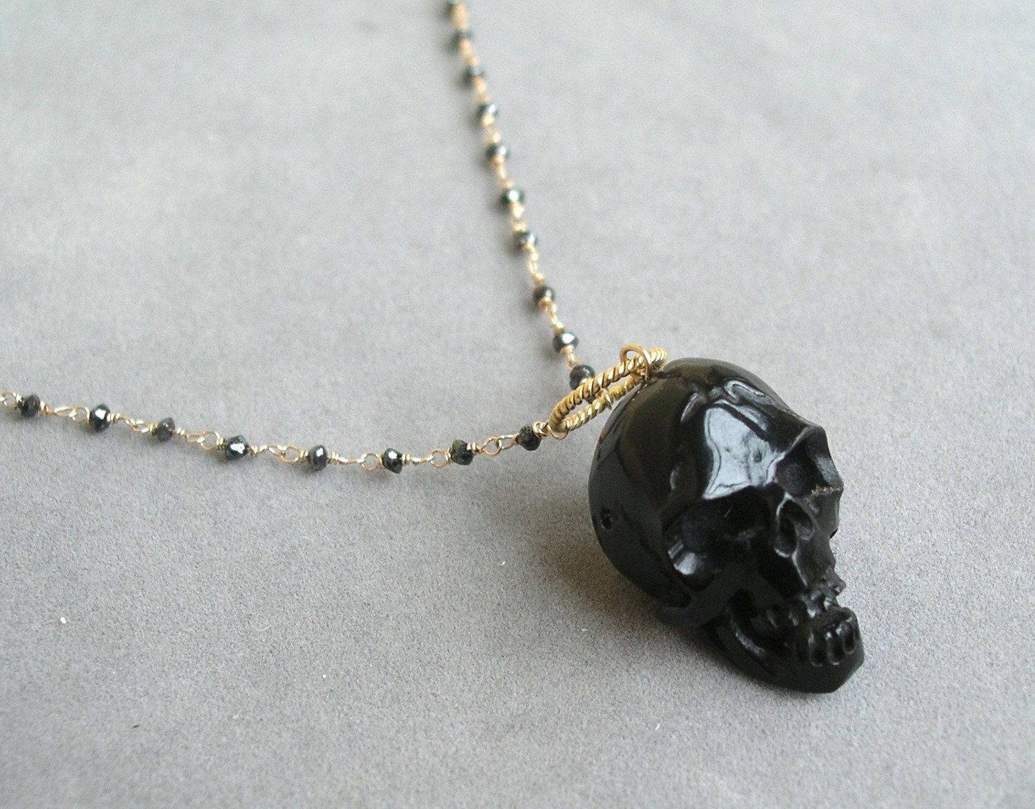 black diamond bead necklace with skull pendant by rockedjewelry