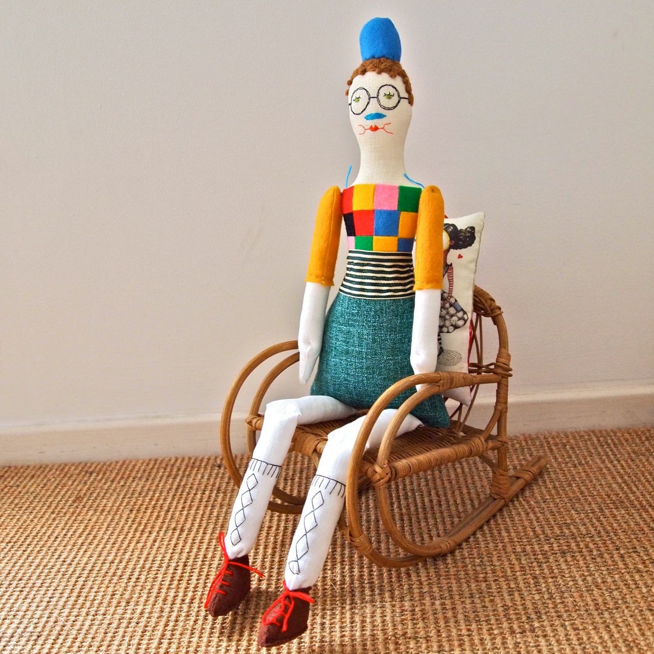 NEW YEAR SALE Cloth art doll, rag doll, linen and felt, embroidered, Jude