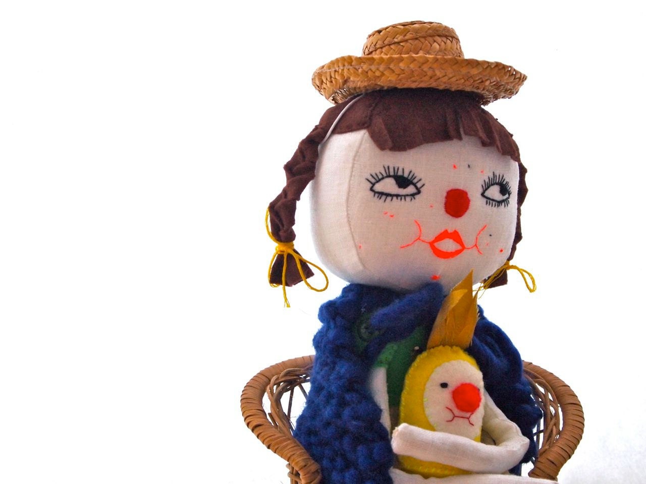 SUMMER SALE Cloth art doll display white linen green felt yellow bird Bridgette and Clemence