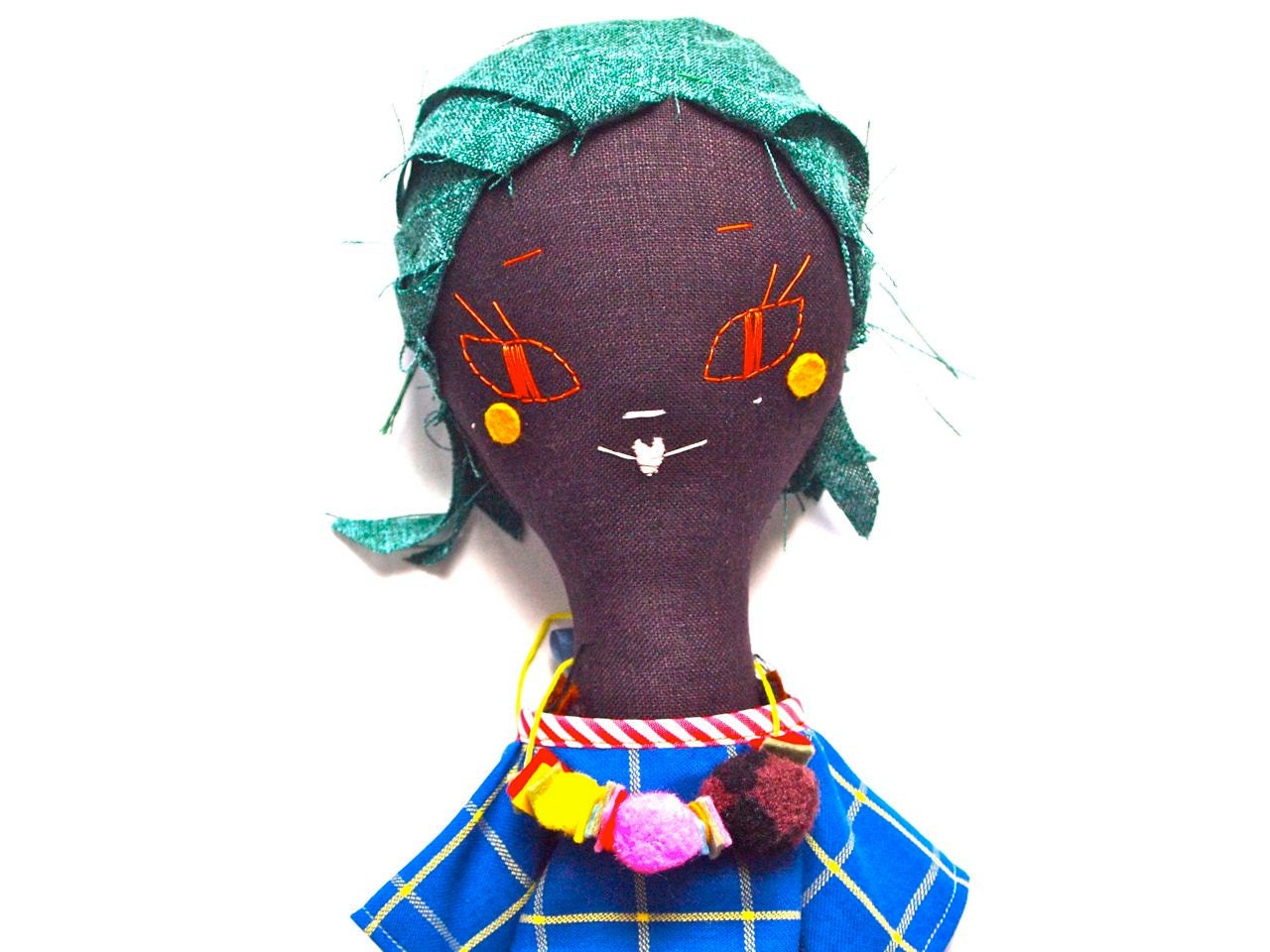 Rag doll cloth artists doll dark brown linen embroidered face Molly Dolly, Claudia Meringue