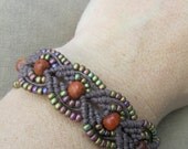 Hemp Macrame Bracelet with Glass and Reclaimed Redwood - Hippie Bohemian Chic
