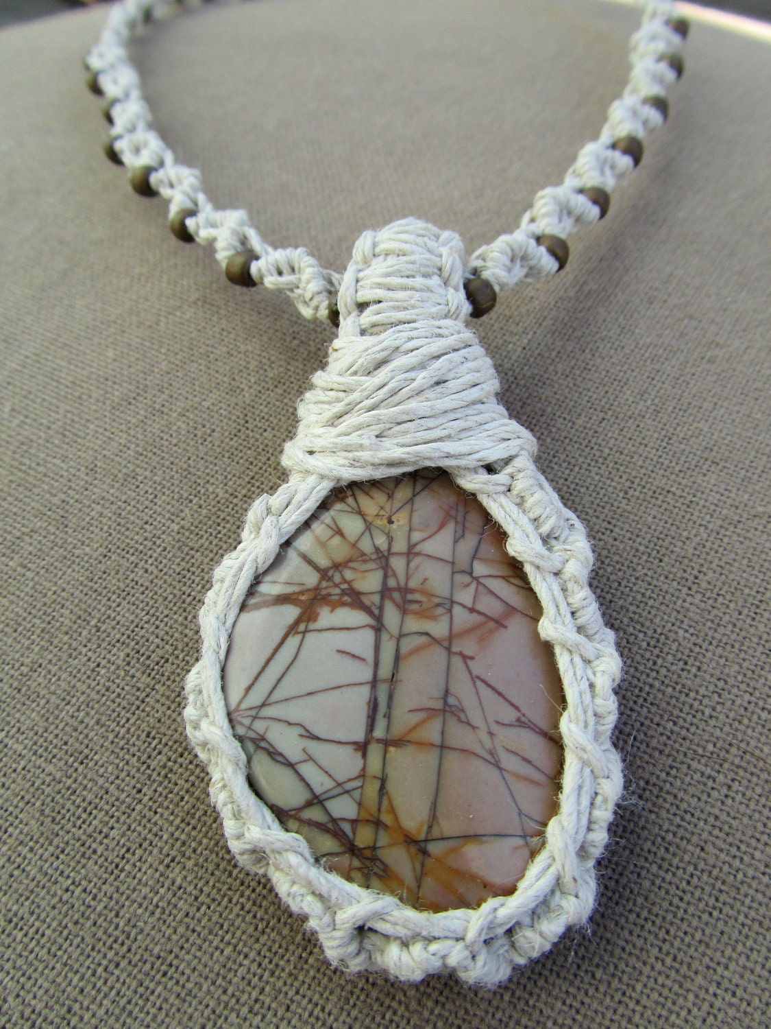 SALE Wrapped Picture Jasper and Hemp Macrame Necklace - Natural Bohemian