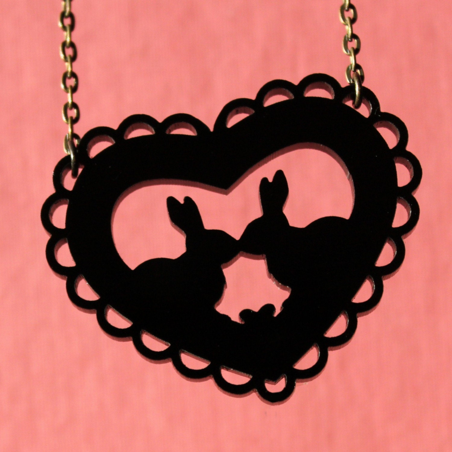 Kissing Bunnies - Modern Heart Necklace in Black