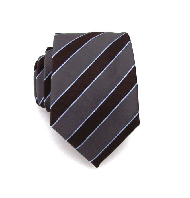 Mens Tie - Gray and Brown Striped Silk Necktie