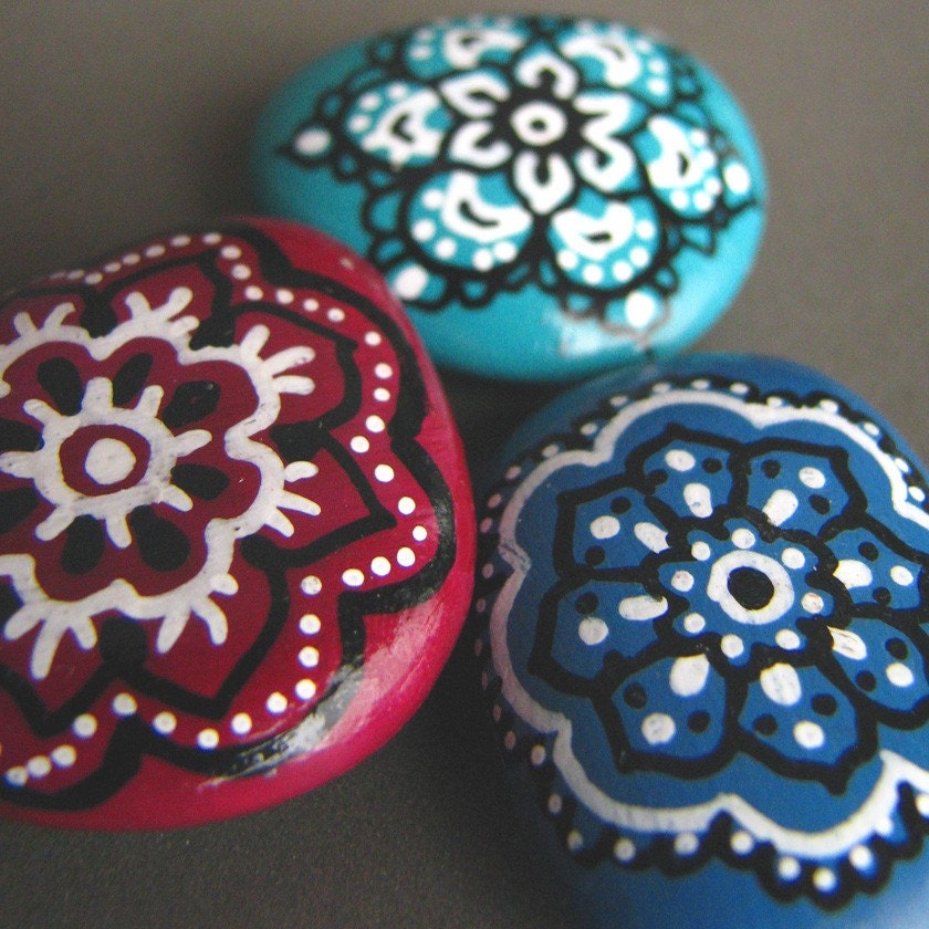 Painted beach pebbles magnets - set of 3 colorful magnets