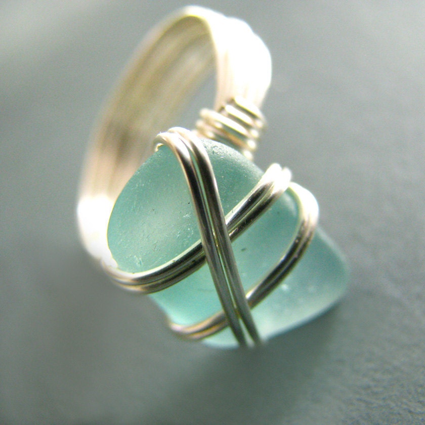 Seaglass ring - wire wrapped - aqua genuine sea glass (size 7.5)