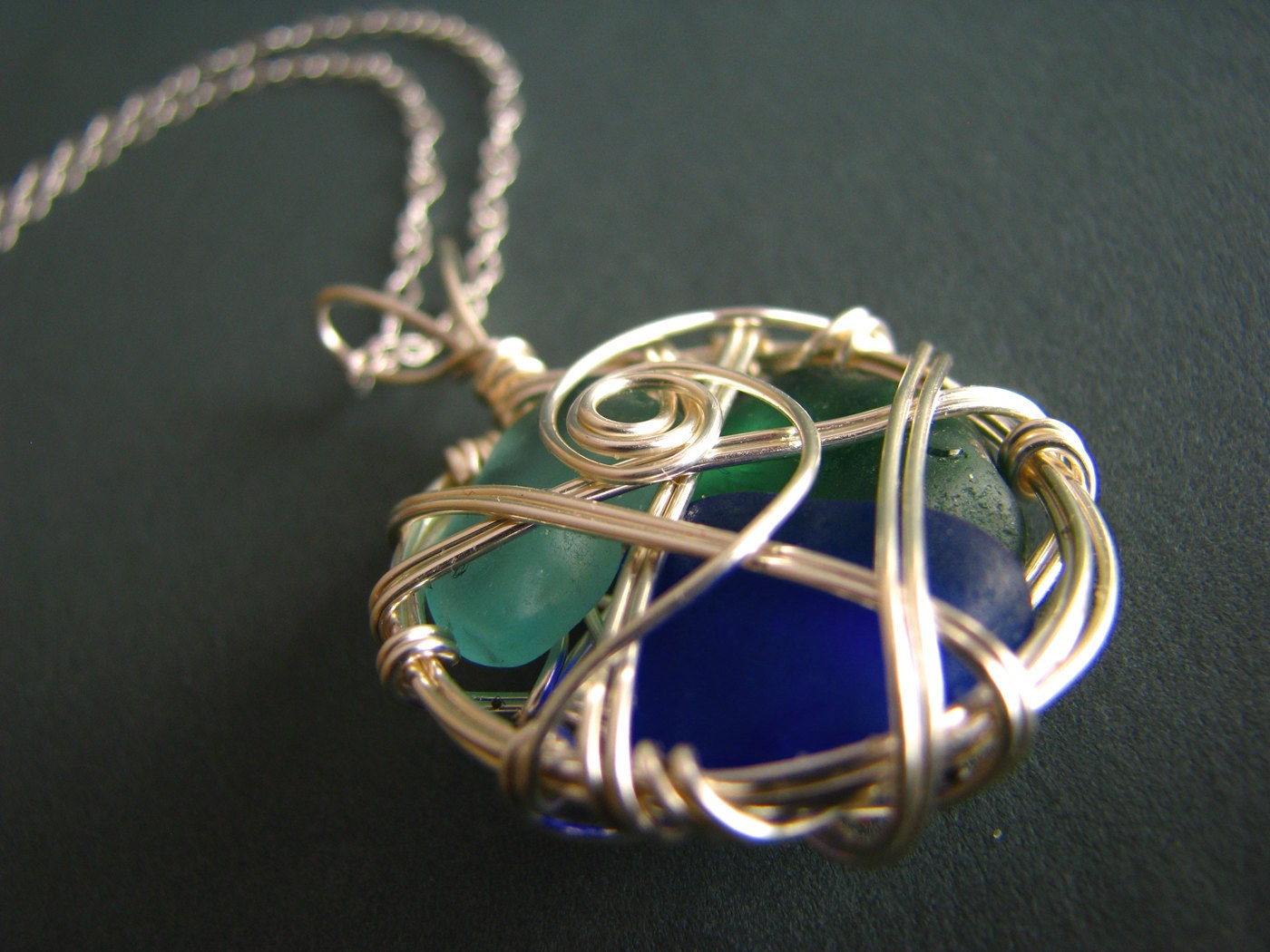 Seaglass Necklace - wire wrapped - teal, cobalt and light blue genuine sea glass shards