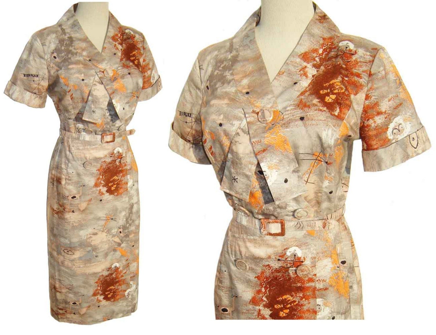 Vintage 50s 60s Dress Mod Atomic Primitive Tribal Novelty Print M