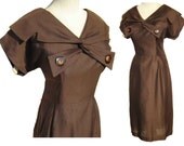 Vintage 50s 60s Brown Pique Big Button Secretary Dress M / L NOS