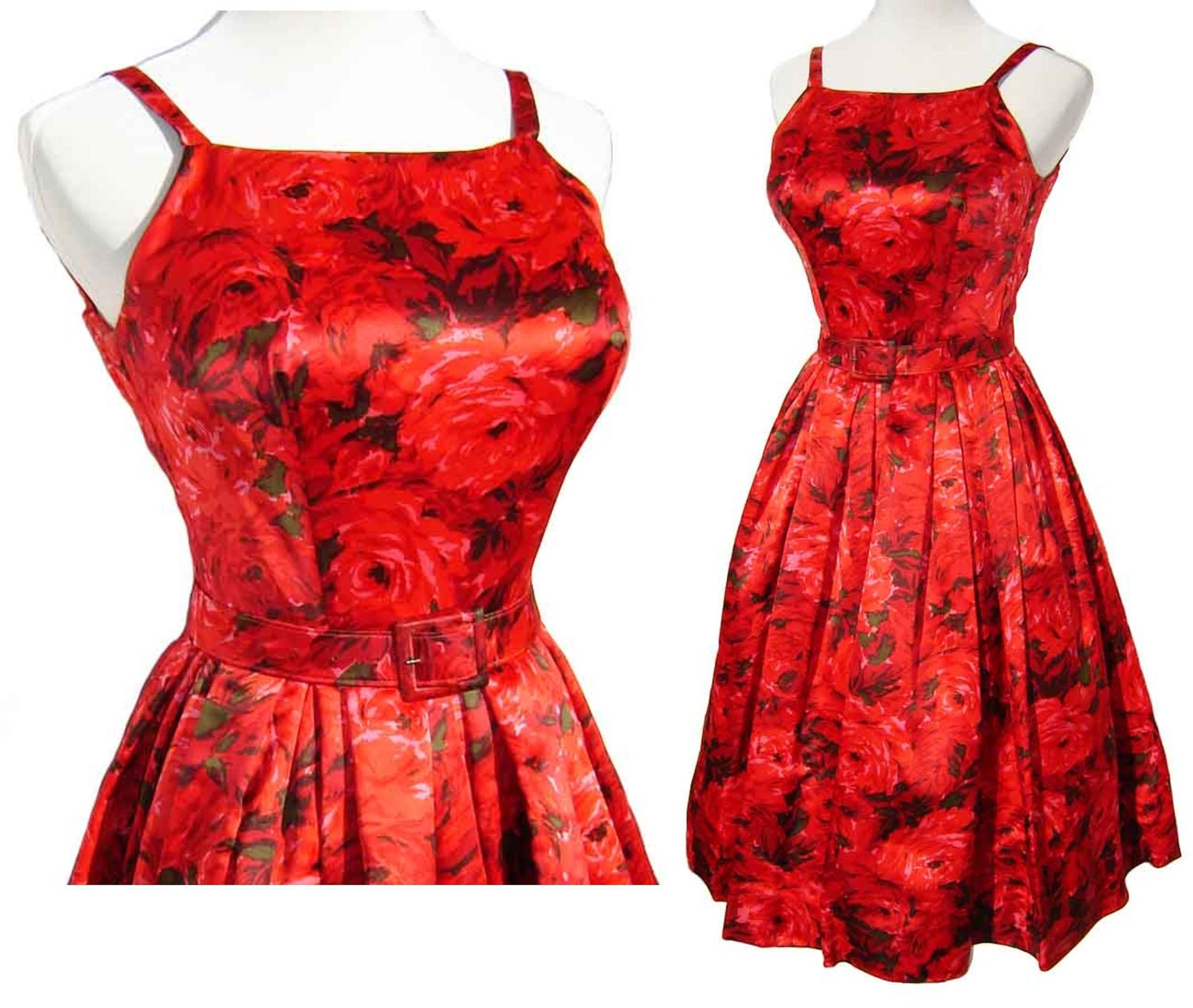 Vintage 60s Dress Red Rose Party Cocktail Evening Prom Anne Klein Jr Sophisticates S XS