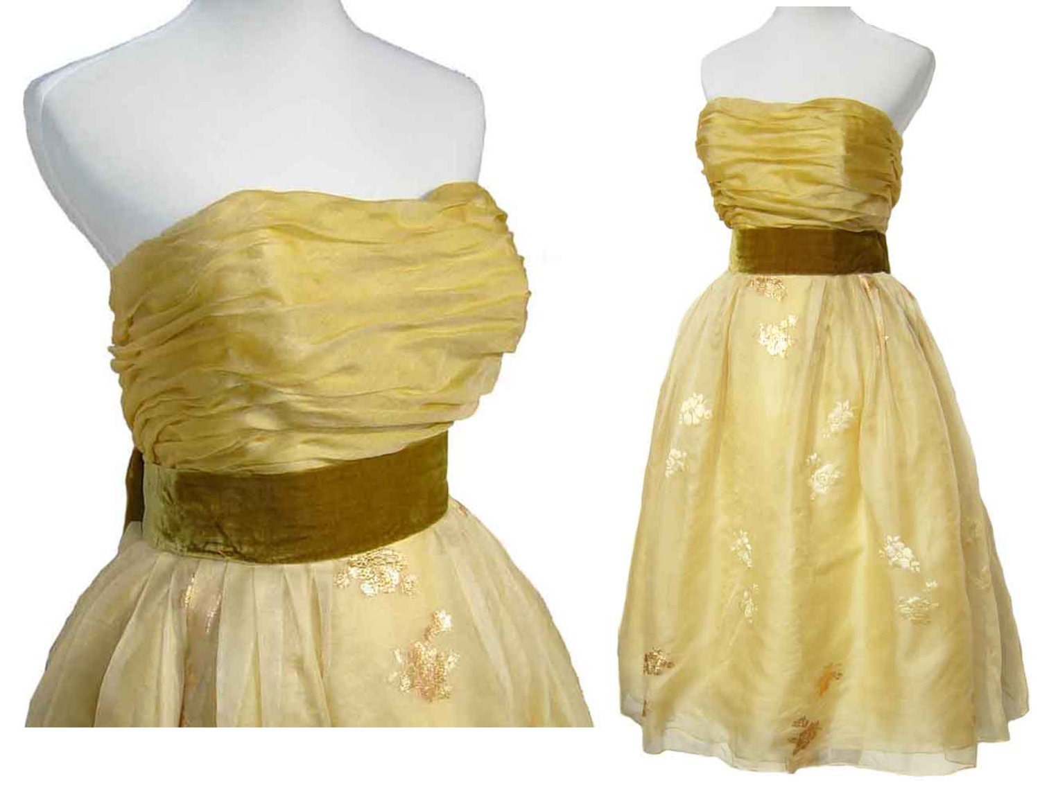 Vintage 50s Dress Jacques Heim Couture Olive & Gold Brocade Strapless Cocktail Silk Velvet M - As Seen on L.A. FROCK STARS