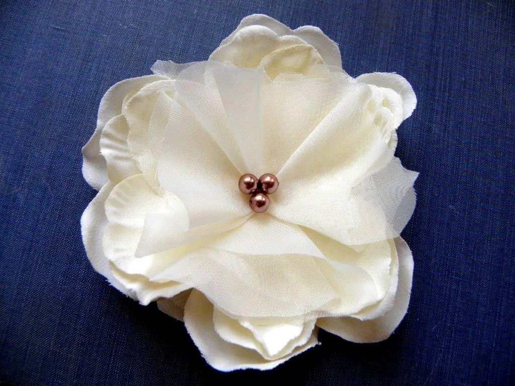 Rustic Tennessee Champagne Ivory Hair Flower with Bronze Copper Pearls- Bridal- Wedding