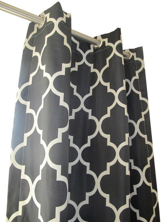 Free US Shipping-Pair of Decorative Designer Grommet Top Drapery Panels In Black Creme Fret Work 84"-With Lining-Custom Lengths Available