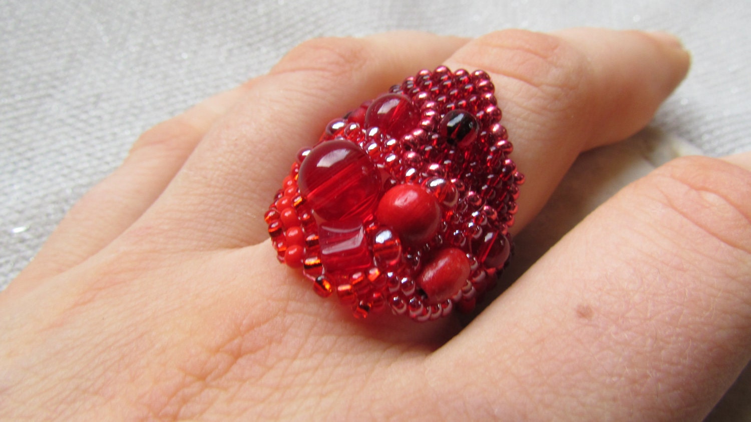 Freeform Peyote Ring Red One of a Kind