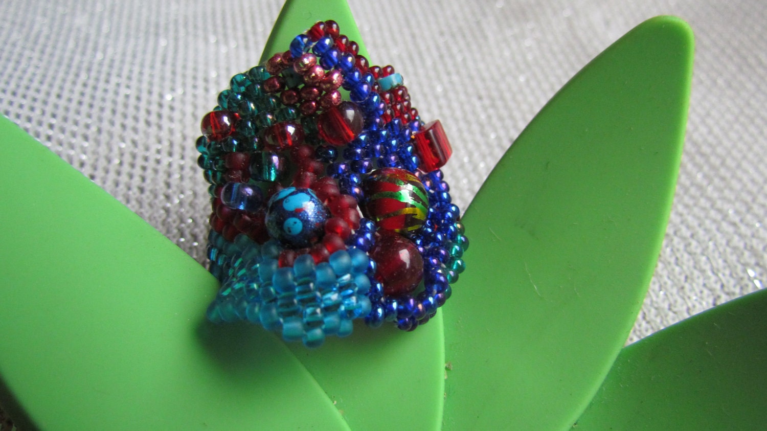 Blue and Red Freeform Peyote Ring Size 6 US