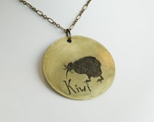 Kiwi Bird Etched Brass Pendant