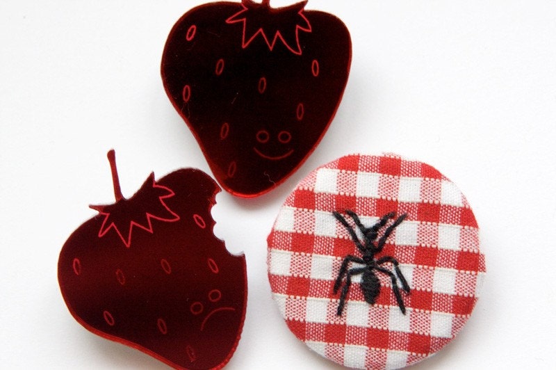 Strawberry mirror brooch and embroidered Ant badge. Jewellery Picnic Box. Laser cut and hand embroidered.