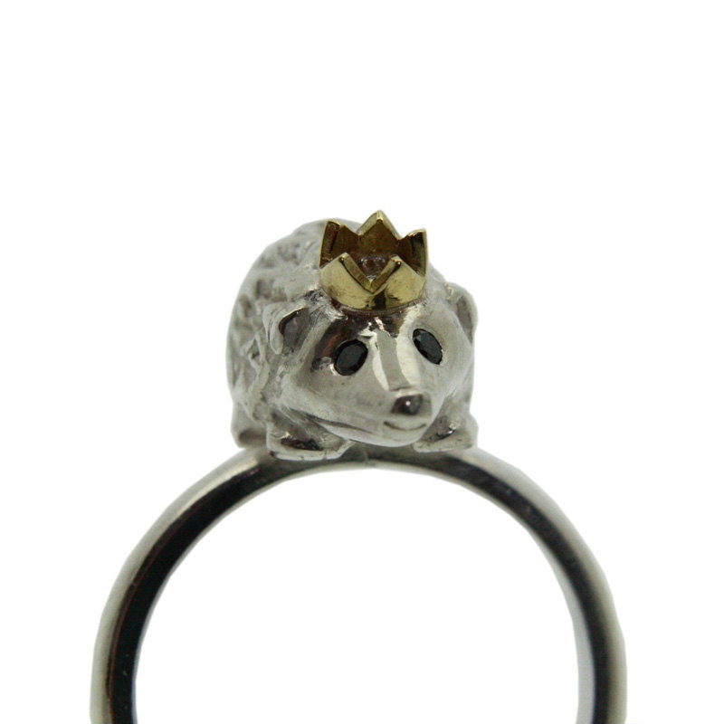 Hedgehog Ring. Silver with Black Diamond eyes and an 18ct Yellow Gold Crown.