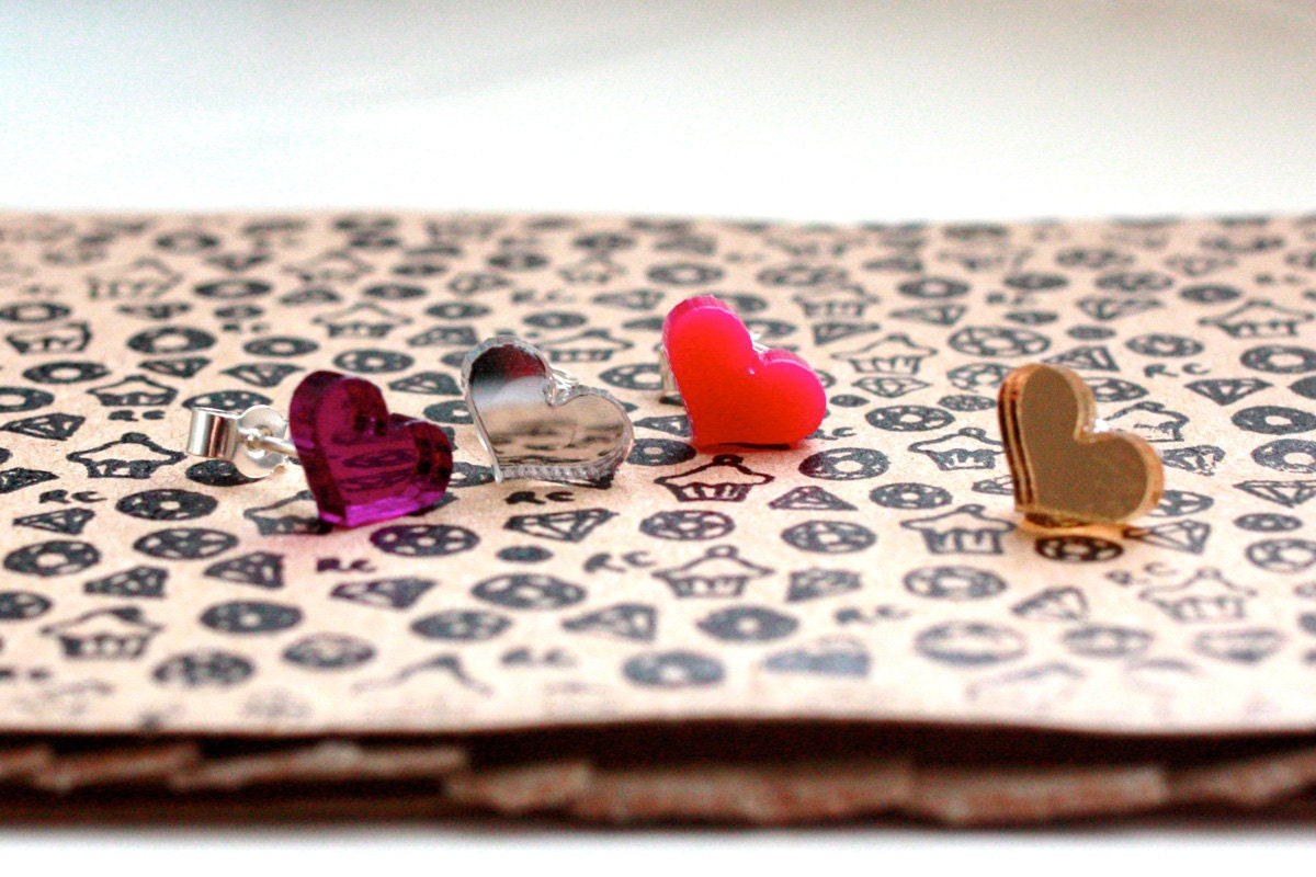 Love Studs. Acrylic heart stud earrings with stirling silver fittings. Valentines.