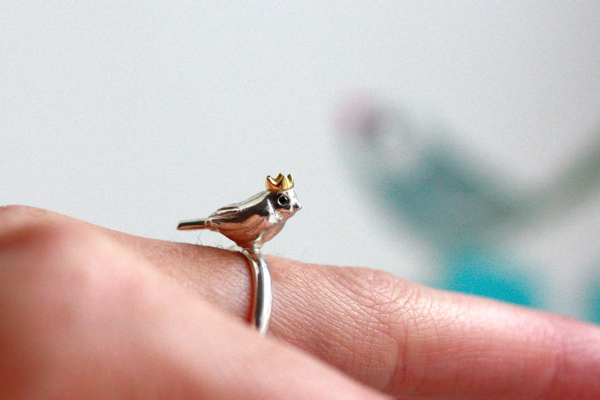 Bird King Ring. Silver with Black Diamond eyes and an 18ct Yellow Gold Crown.