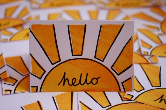 Hello Sunshine. Gocco hand printed card. Two screen yellow and black on white card.