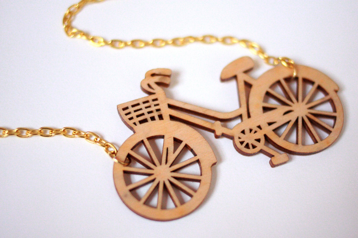 Wooden Bicycle Necklace, Laser cut in Birch wood on gold plate chain.