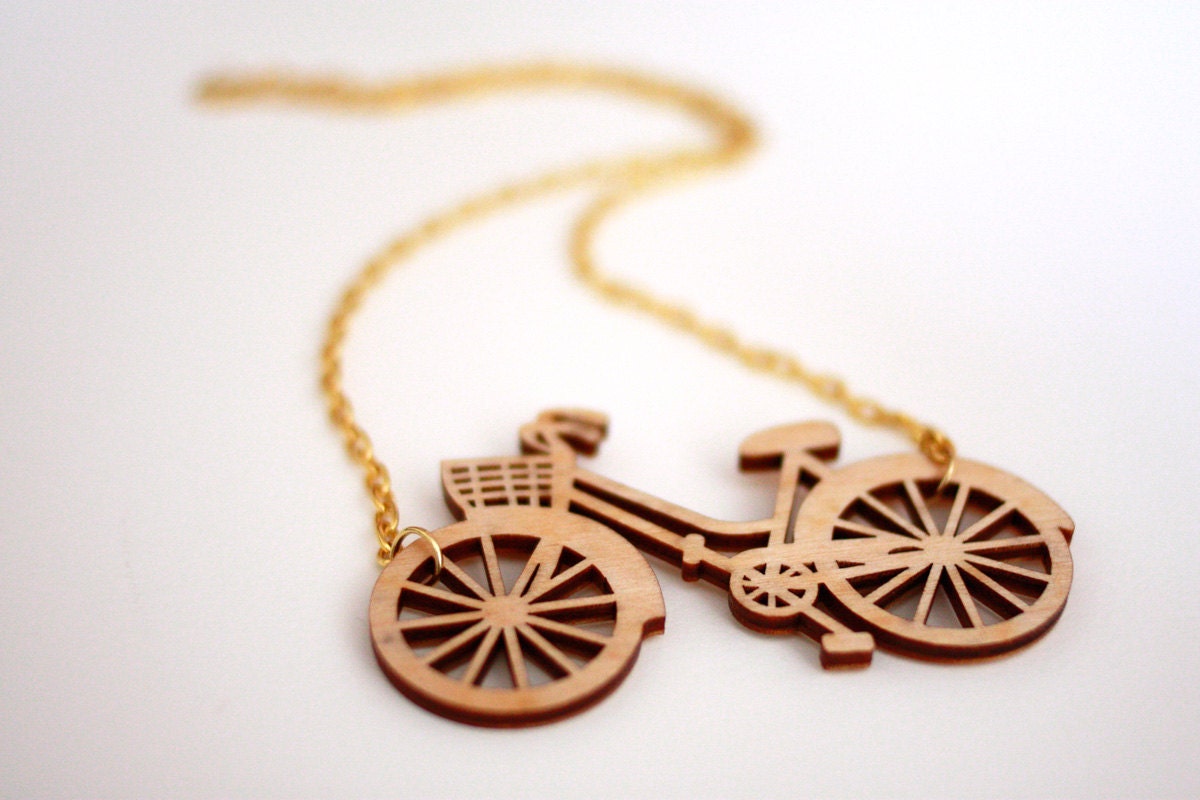 Wooden Bicycle Necklace, Laser cut in Birch wood on gold plate chain.