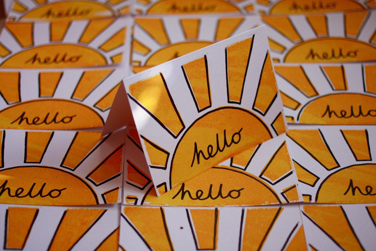 Hello Sunshine. Gocco hand printed card. Two screen yellow and black on white card.