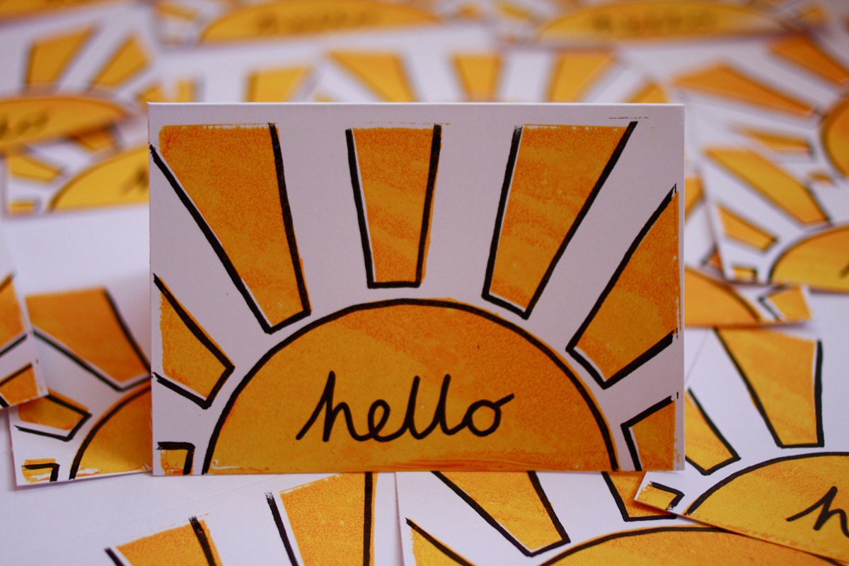 Hello Sunshine. Gocco hand printed card. Two screen yellow and black on white card.