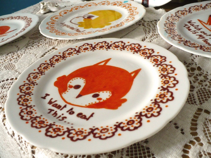 Hand painted illustration fox on plate I want to eat this