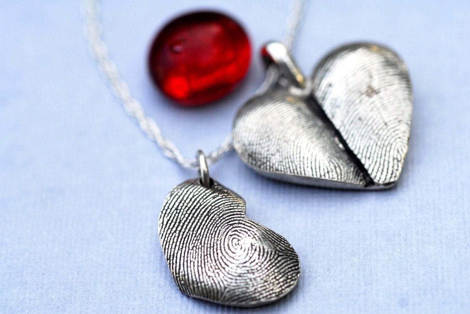 Sterling Silver Double Fingerprint Thumbprint Heart Necklace with Extra Charm